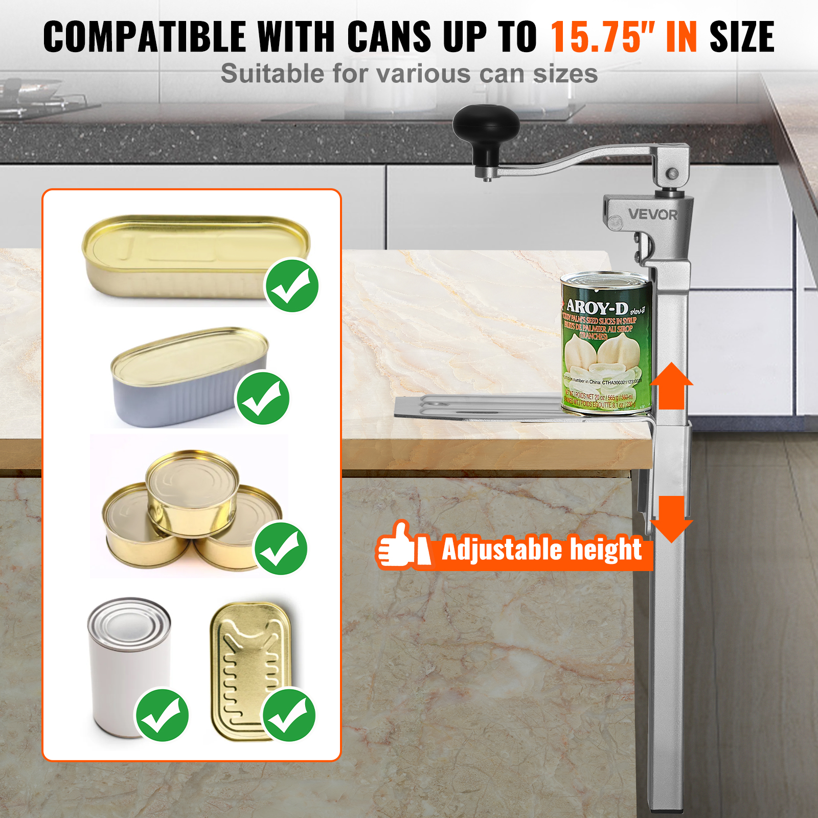 VEVOR Commercial Can Opener, Heavy-Duty Manual Tabletop Cans Opener for Cans Up to 15.75 in Height,Height-Adjustable Professional Can Openers Fixed with Screws, for Restaurant, Hotel, and Food Store