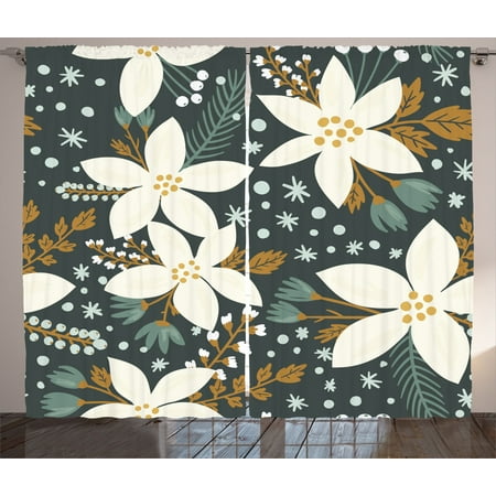 Floral Curtains 2 Panels Set Hand Drawn Poinsettia Flowers Garden