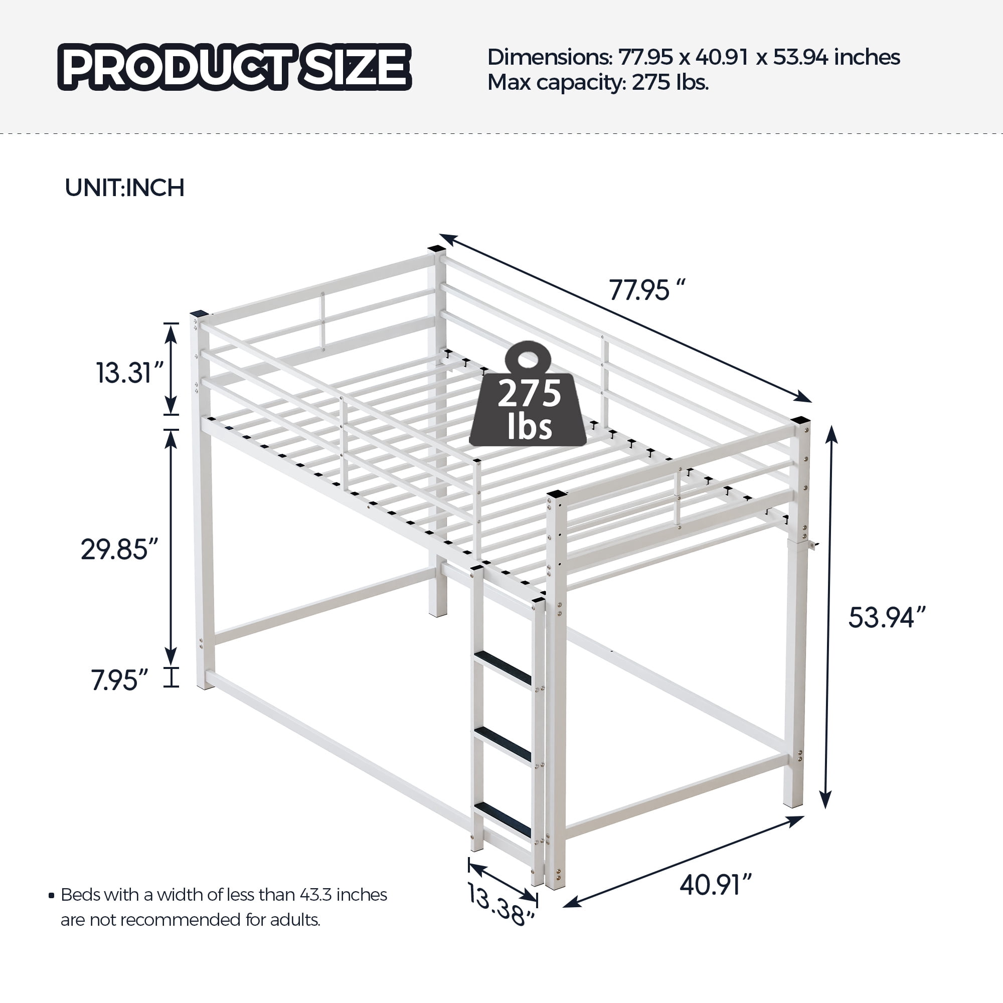 Leumius Low Metal Bunk Bed,Twin Over Twin Heavy Duty Bunk Bed Frame with Ladder and Guardrail,Space-saving Bunk Bed for Bedroom, Dorm, Easy Assembly,White
