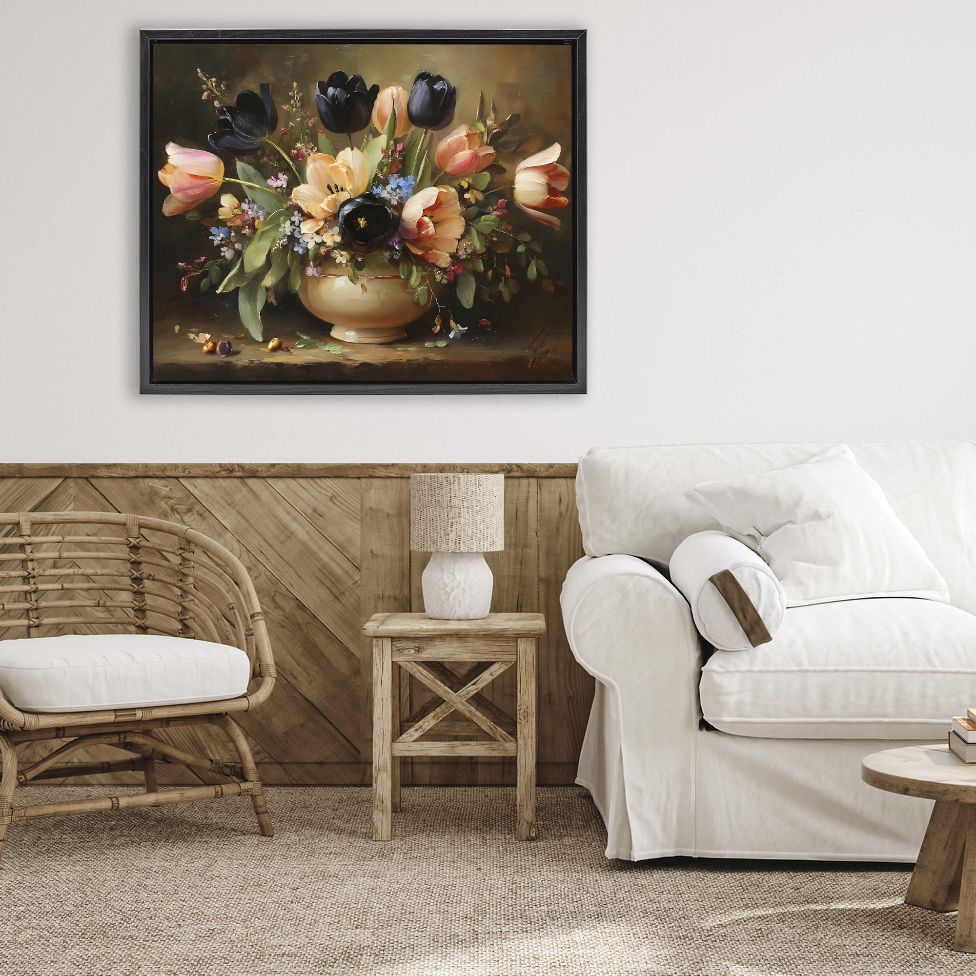 Stupell Industries Black Tulips & Peach Bouquet Black Framed Floater Canvas Wall Art, design by Franklyn Gregory