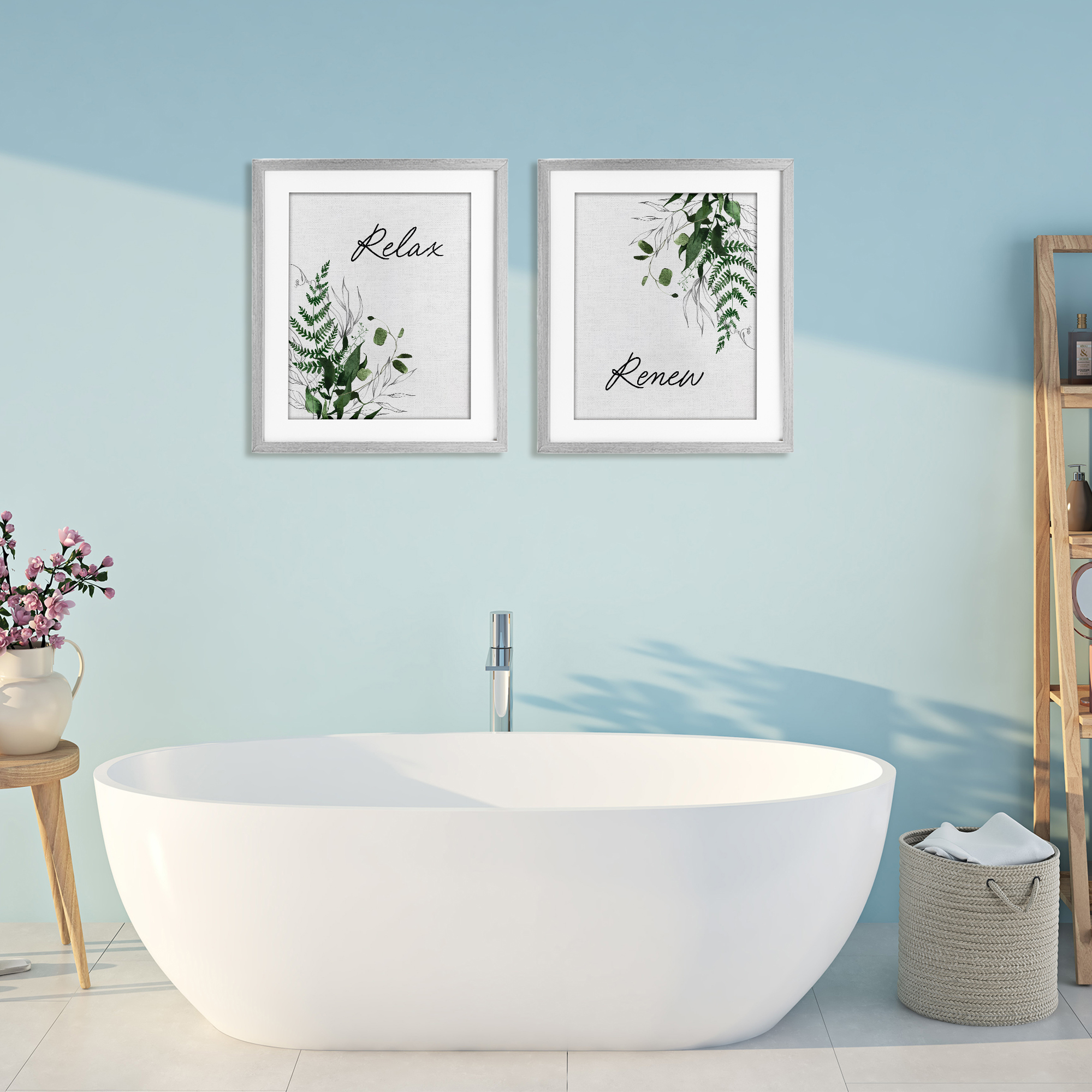 Relax Renew Botanical Leaves 2 Piece Gray Framed Print Under Glass Set, design by Lettered and Lined