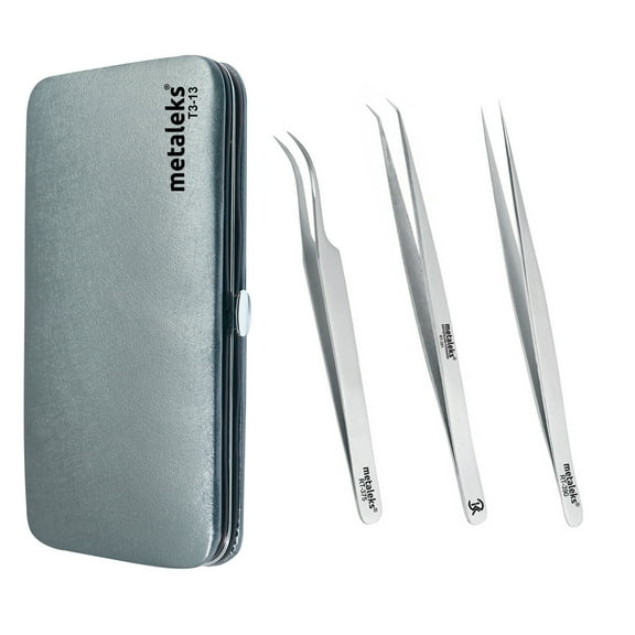 3 Pcs Kit of Eyelash Extension Tweezers In Silver Magnetic Kit - Made In Surgical Stainless Steel