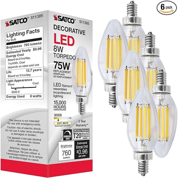 8W C11 LED - Clear - Candelabra base - 3000K - 90 CRI - 760 Lumens - 120V - 6-Pack