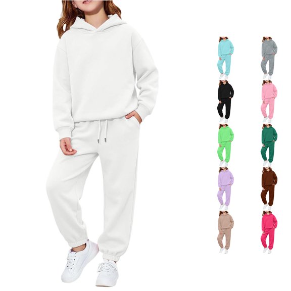 Rggeeun Girls Sets Casual Hoodie Athletic Baggy Sweatpants Matching Sets Drawstring Pockets Outdoor Wear Versatile,White,6-7 Years