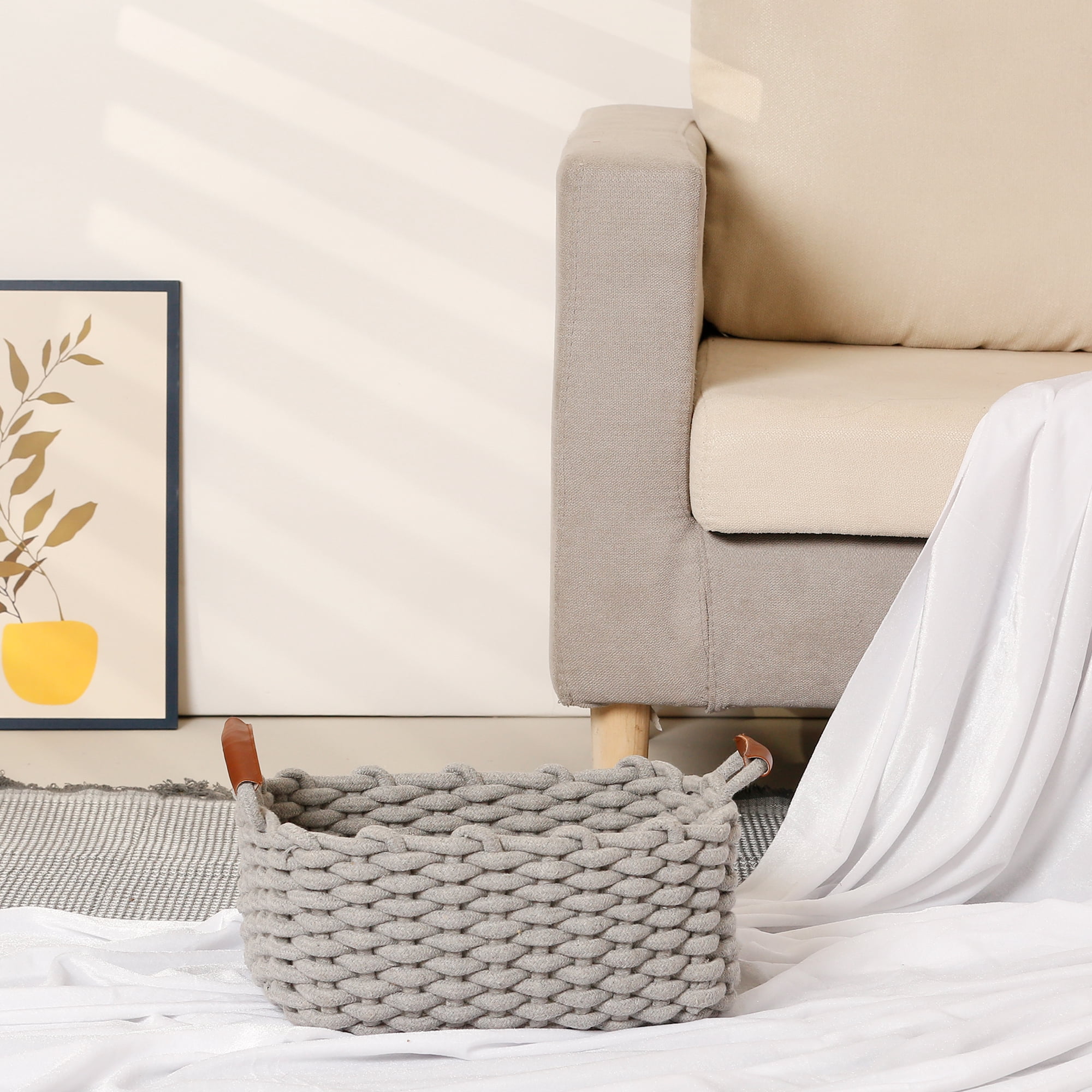 Unique Bargains Woven Storage Basket Shelf Storage Bin with Handle for Key Tray Bowl Grey