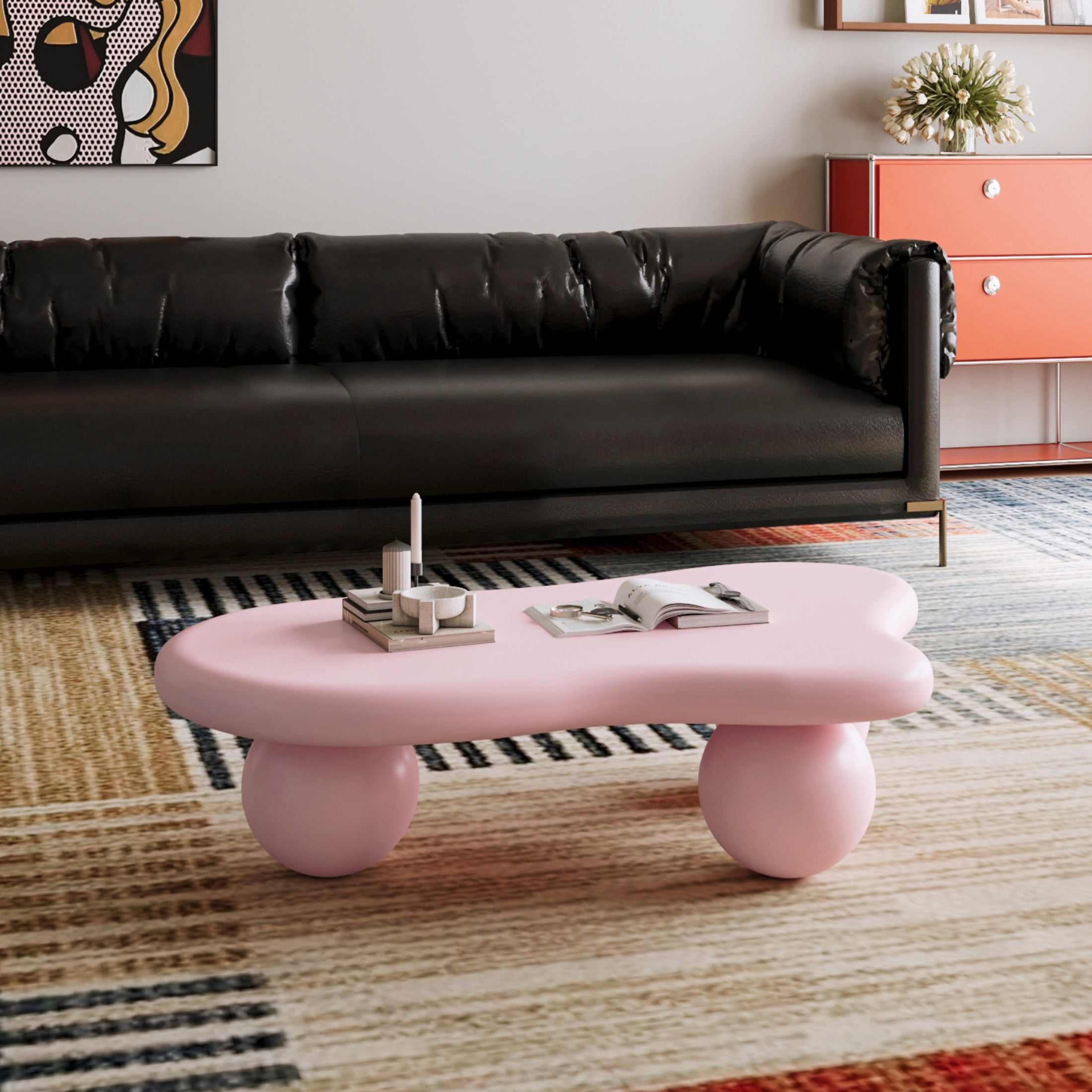 Noble House 40" Cloud Shaped Coffee Table with Ball Legs, Modern Aesthetic Accent Table for Living Room, Pink