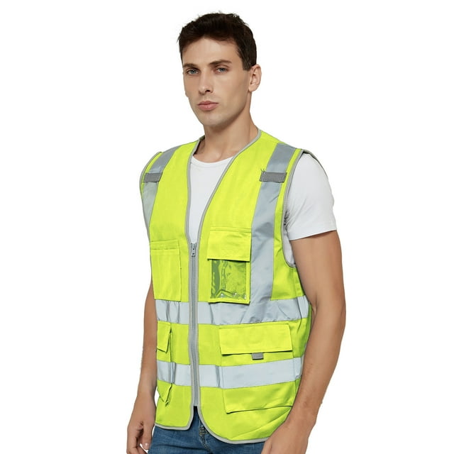 TOPTIE Class 2 High Visibility Zipper Front Safety Vest 9 Pockets and Reflective Strips Meets ANSI/ISEA Standards