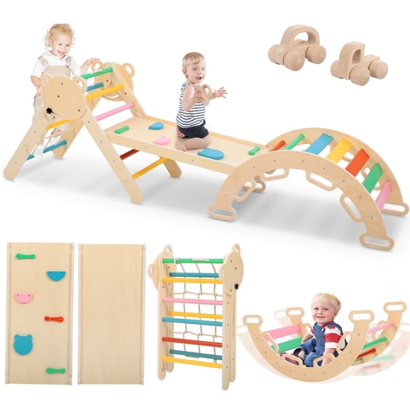 COCLUB Pikler Triangle Climbing Set, 7in1 Toddler Climbing Toys Indoor with Arch&Ramp&Ladder, Climbing Toys for Toddlers 1-3 Inside Gym - Rainbow