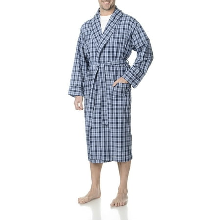 Big And Tall Plaid Robe - Men's Blue Cotton, Polyester Plaid Woven Robe