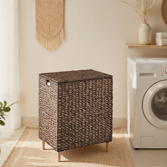LEDREM 2-Section Handwoven Water Hyacinth Laundry Hamper with Lid, 34.3 Gal Wicker Basket, Removable Washable Liners, Espresso