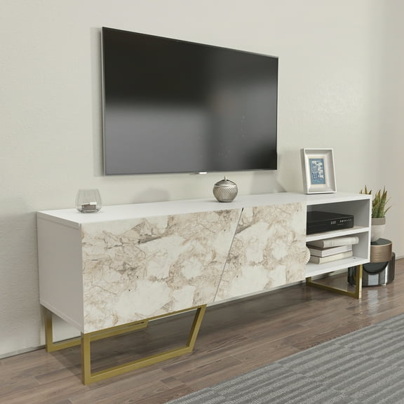 Denasse 59'' Wide Modern TV Stand / Console White and White Marble for Up to 65'' TVs
