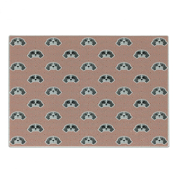 Dog Cutting Board, Beagle Puppies with Sunglasses Abstract Geometric Pattern Checkered Squares, Decorative Tempered Glass Cutting and Serving Board, Small Size, Red Grey Pale Grey, by Ambesonne