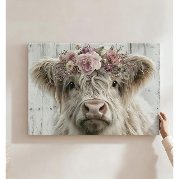 Fluffy Highland Cow Floral Crown Canvas Wall Art, Rustic Farmhouse Decor, Dusty Pink Flower Crown Artwork For Bedroom, Nursery, Kitchen, Ready To Hang 8*12inch(20*30cm)