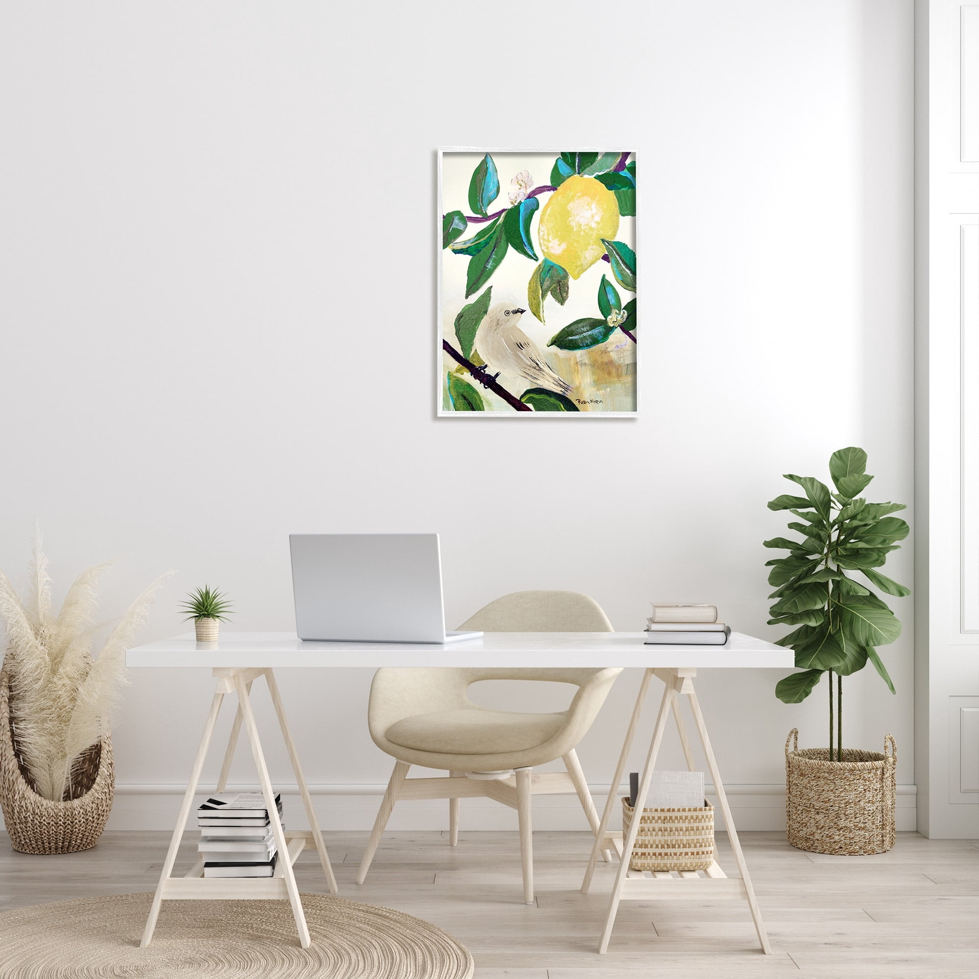 Stupell Industries Vivid Yellow Lemon Citrus Fruit Bird Perched Painting White Framed Art Print Wall Art, Design by Robin Maria