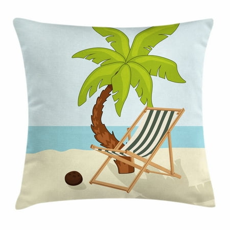 Palm Tree Pattern - Beach Throw Pillow Cushion Cover, Cartoon Style Drawing Palm Tree Coconut and Sunbed on Sand Summer Season Pattern, Decorative Square Accent Pillow Case, 16 X 16 Inches, Multicolor, by Ambesonne