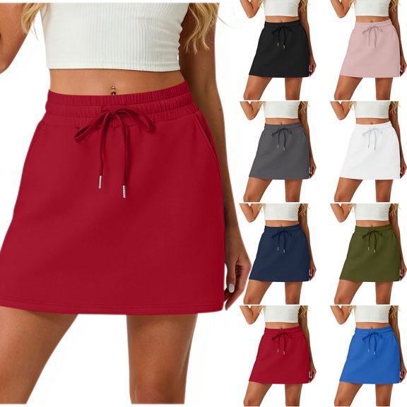 Diufon Red Tennis Skirts for Women with Shorts Summer Casual Drawstring Gym Yoga Skorts with Built-in Pockets
