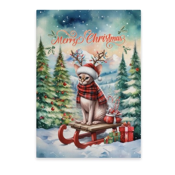 Merry Christmas Santa Reindeer Antlers Sphynx Sleigh Xmas Winter Holiday Vertical Matte Canvas Poster Cat Lover Kitten Owner Gifts Idea Wall Art Home Decor - 00023