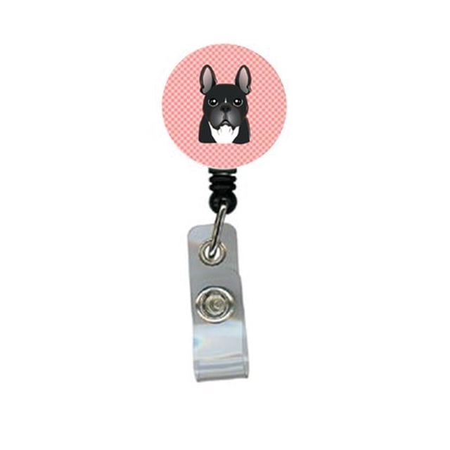 Checkerboard Pink French Bulldog Retractable Badge Reel