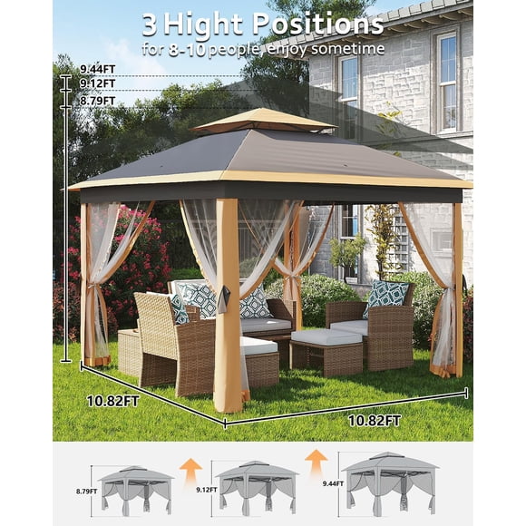 Portable Canopy Tent – 11x11ft for Patio & Garden – Mosquito Netting, Metal Frame – Double Roof, UV & Water Resistant – 3 Adjustable Heights, Easy Setup – Deep & Shallow Khaki