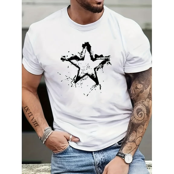 1 pc 100% Cotton Fashion Star Print Men's Crew Neck Comfy Breathable Short Sleeve T-shirt