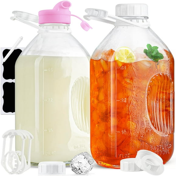 Absovetu Bouteille de Lait en Verre Robuste 1/2 Gallon avec Couvercle à Vis Hermétique Réutilisable - Bouteilles d'Eau en Verre 2 Qt - Pichet de Lait en Verre avec 2 Lignes de Mesure Précises, Récipient à Lait pour Stockage au Réfrigérateur