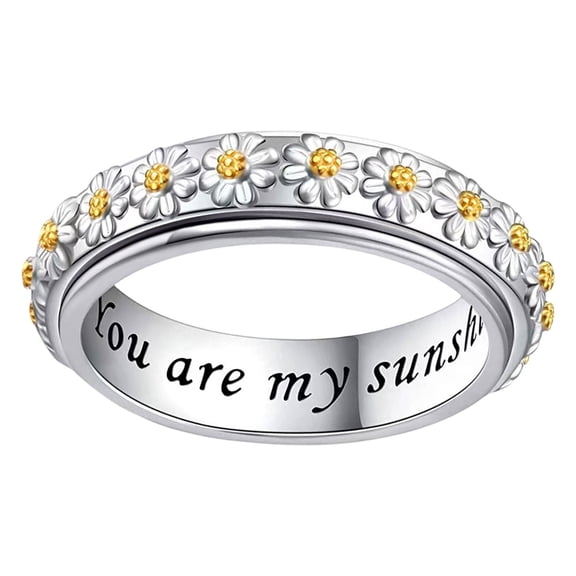 Krdevn Two Tone Daisy Spinner Ring Engraved Rotating Band Stackable Comfort Fit Promise Ring for Women Gift Sizes 6-10