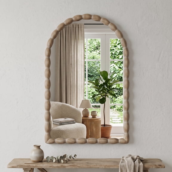SANGNI 24"x36" Farmhouse Arched Wall Mirror with Solid Wood Beaded Frame for Living Room & Bedroom
