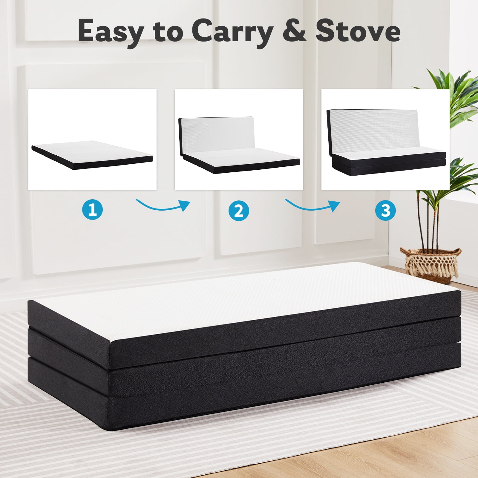 Folding Mattress, 4 inch Tri-fold Memory Foam Mattress Topper for Camping, Foldable Mattress Topper with Washable Cover, Twin Size