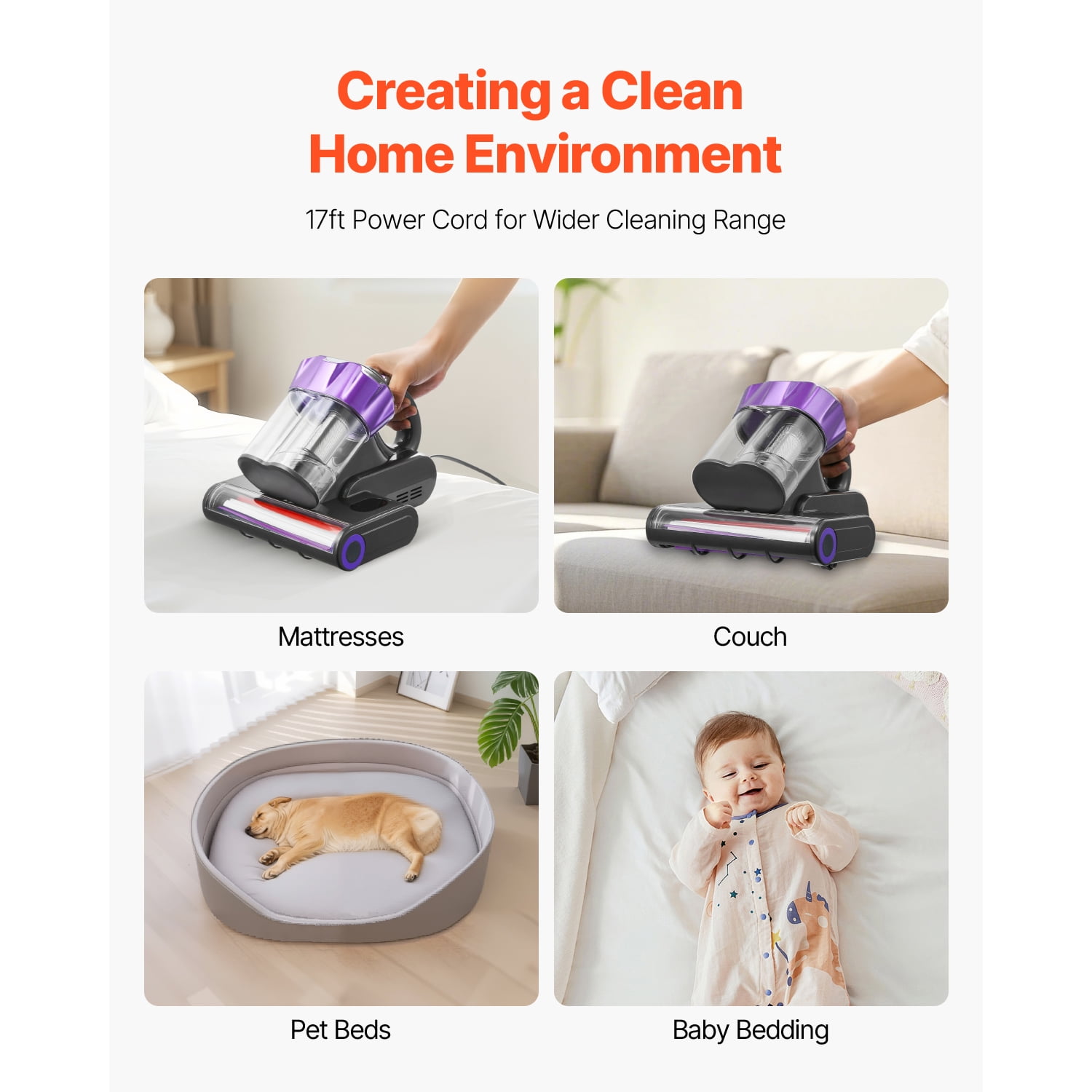 KFFKFF Mattress Vacuum Cleaner, 550W Strong Suction and 140℉ Warm Air, Ultrasound Technology & Cleaning Lights, HEPA Filter & Heating, Handheld for Bed, Sofa, Corded, Gray