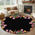 thumbnail image 2 of Round Rug 5ft Area Rug, Spring Colorful Tulips Flower Area Rugs for Living Room Bedroom, Easter Floral Plant on Black Floor Mat Non-Slip Non-Shedding Carpet Indoor Accent Rugs, 2 of 9
