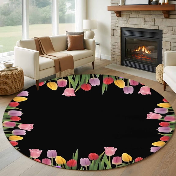 Easter Tulip Round Area Rug 7Ft Washable Circle Rugs for Dorm Laundry Room, Spring Watercolor Country Flower Plant Non-Slip Carpet Floor Mats Indoor Outdoor Carpet Runner Aesthetic Home Decor