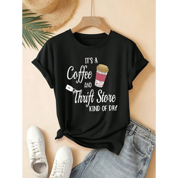 Women's Casual Coffee & Thrift Graphic T-Shirt, Black With White Print, Short Sleeve Crew Neck, Relaxed Fit, Machine Washable, Summer Daily Wear Tee