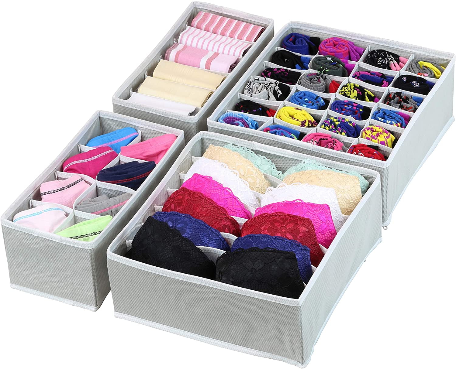 Closet Storage Organizer Underwear Cloths Socks Foldable Drawer Set of 4 Beige 