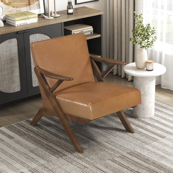 Mid-Century Modern Accent Chair, Faux Leather Upholstered, Brown Solid