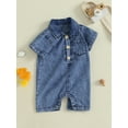 thumbnail image 4 of BemeyourBBs Baby Denim Jumpsuit Short Sleeve Lapel Button Up Solid Color Romper, 4 of 9