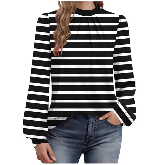 Ltctricy Tunic Tops for Women Lantern Long Sleeve Mock Neck Pleated Front Curved Hem Striped T Shirts Dressy Casual Blouses(Black,X-Large)