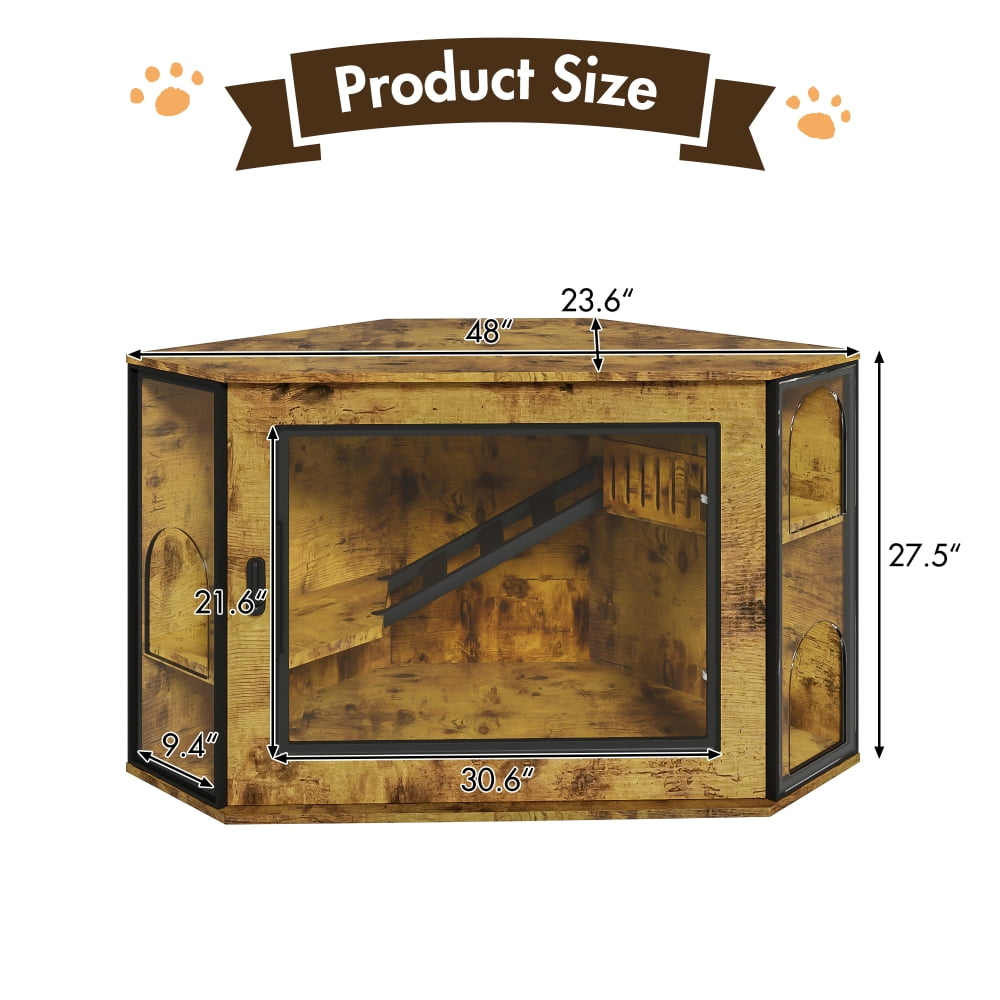 48" Corner Cat Litter Box Enclosure, Modern Hidden Cabinet with Acrylic Door & LED Light, Cat House with Playground & Stairs