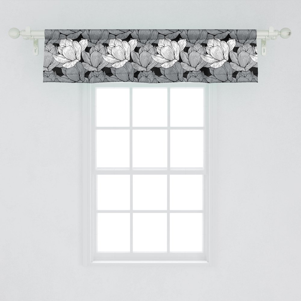 Ambesonne Black and Grey Window Valance, Floral Arrangement Lotus Traditional Oriental Nature