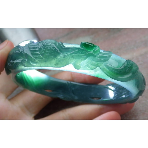 Icy Green Natural A JADE Jadeite Phoenix Flower Ruyi Bangle Bracelet 59 mm 680216 TN