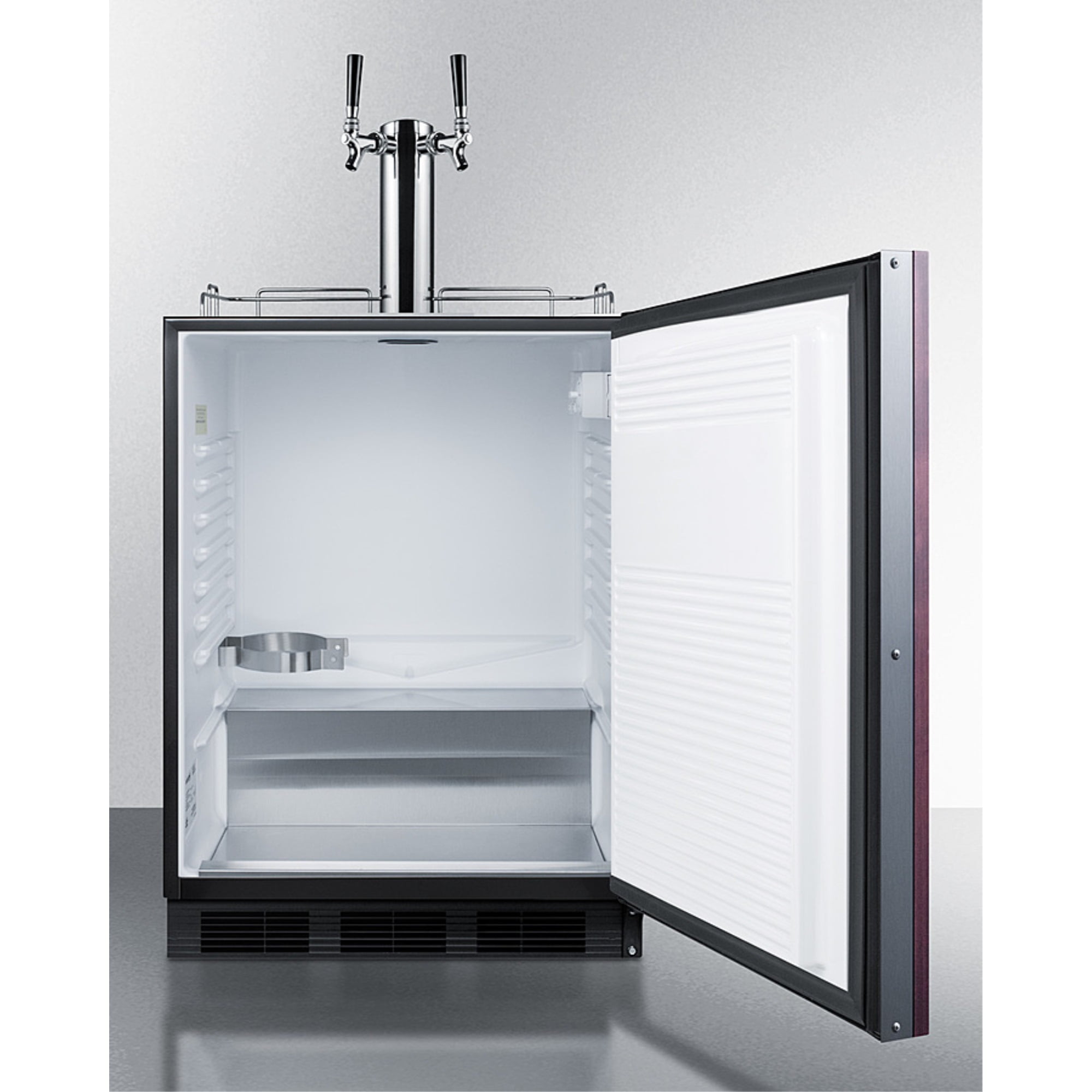 Built-in kegerator for use under ADA compliant counters with dual tap kit for two 1/6 kegs and panel-ready door