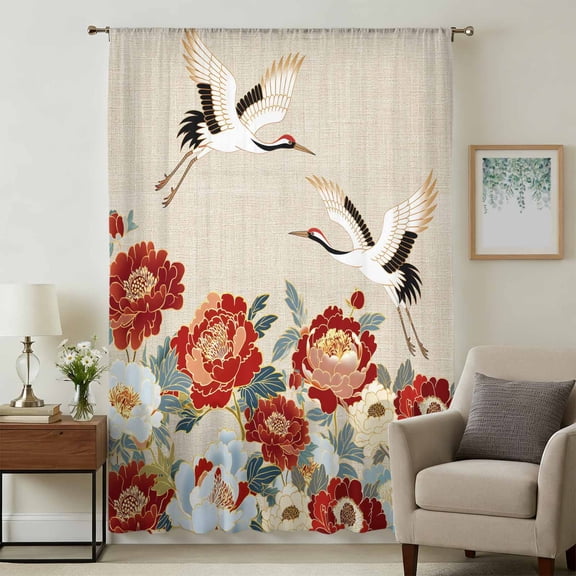 Farmhouse Flowers Sheer Curtains 72 Inches Long, Japanese Style Peony Floral White Bird Light Filering Curtains, Breathable Simi Curtain Privacy Drapes for Living Room Bedroom Window Treatment