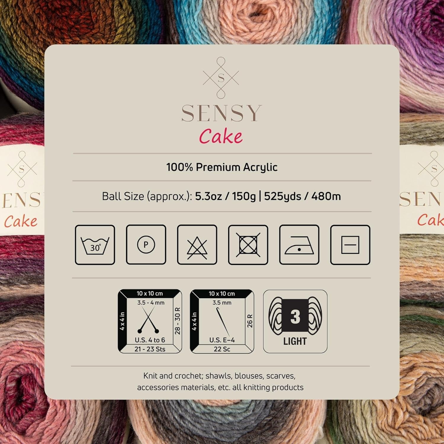 3 Skeins of Sensy Cake Yarn, 5.3 oz, 525 Yards, Multicolor Yarn for Crocheting and Knitting, Craft Yarn, Gauge 3 Light (559)