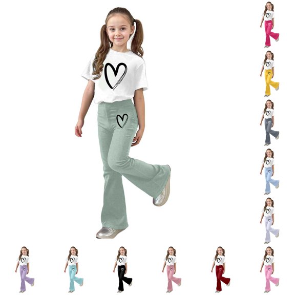 RUTAYY Girls 2 Piece Casual Outfit Short Sleeve Graphic Print Tee Elastic Waist Flare Pants Kids Daily Playwear Light Green