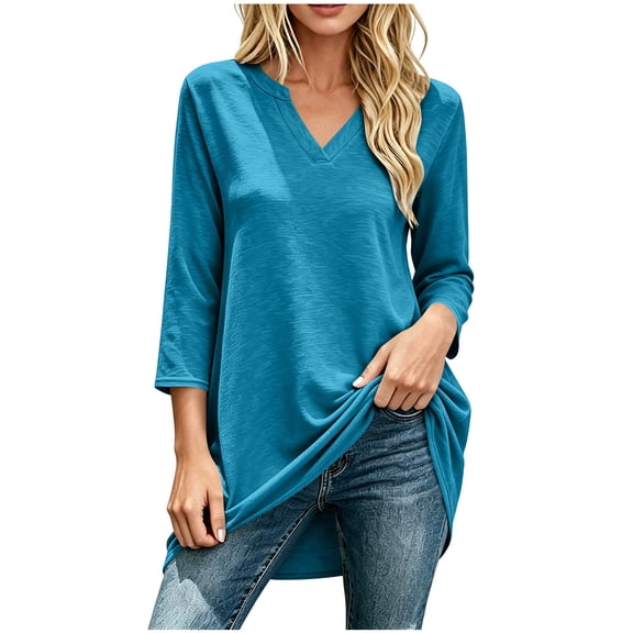 Qgtaibl Long Sleeve V Neck Tunic Tops for Women Solid Color Loose Fit Long Tee Shirts for Fall Going Out Sky Blue XL