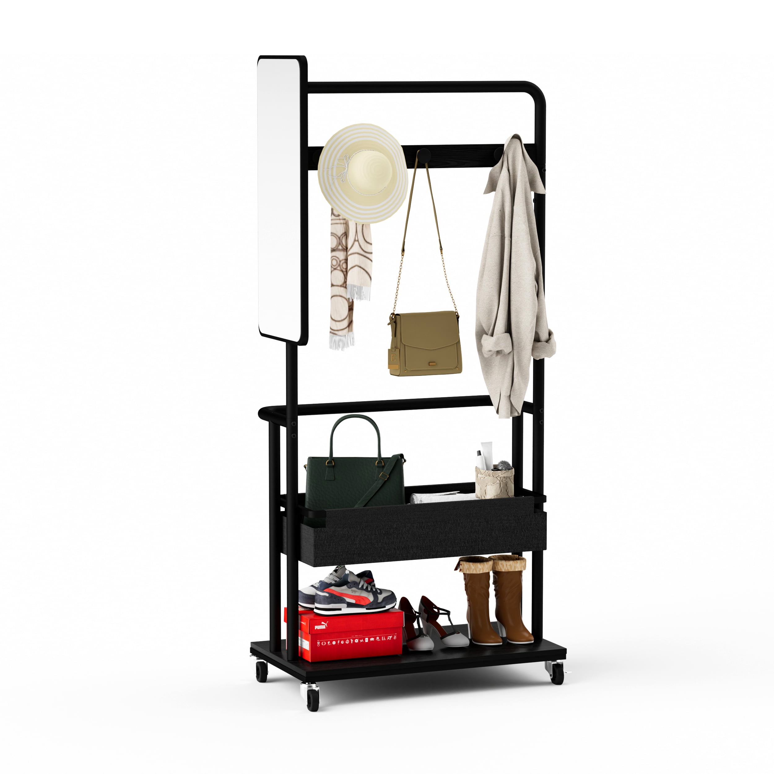 Garitin Coat Rack and Mobile Clothes Rack 67 Inch, Rolling Storage Stand with Casters and Full Length Mirror for Entryway Bedroom, Black