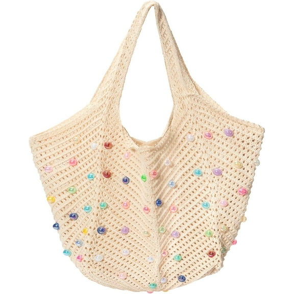 Boho Crochet Beach Tote Bag for Women, Summer Knit Hobo Bag Shoulder Bag with Colored Beads, Casual Organizer Handbag