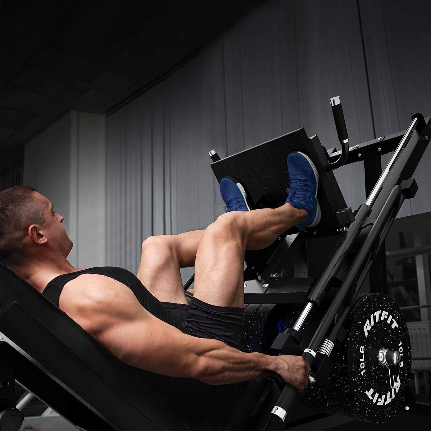 RitFit Adjustable Leg Press and Hack Squat Machine with Weight Plates, Professional Home Gym Equipment with Linear Bearings and Weight Storage Posts, 140LB Fleck Rubber Plate Set