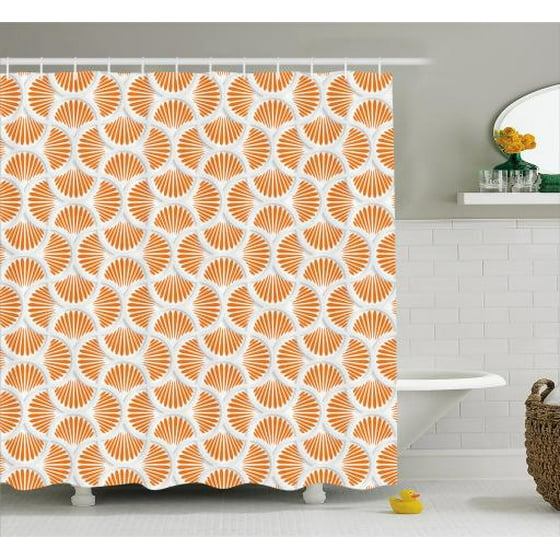Orange And White Shower Curtain 3d Style Grid With Rays Geometric Fl Design Wavy Lines Tile Fabric Bathroom Set Hooks 69w X 84l Inches