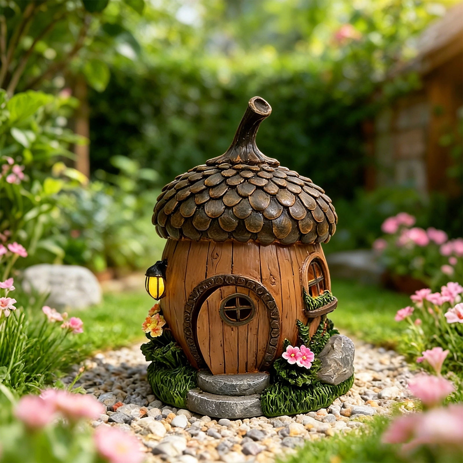 Fairy Garden House Outdoor Figurine Lights, Fairy Houses for Outside, Garden Statues Mushroom House, for Patio, Yard, Balcony Decoration, Outdoor Decorations Yard and Birthday Gifts for Mom Women