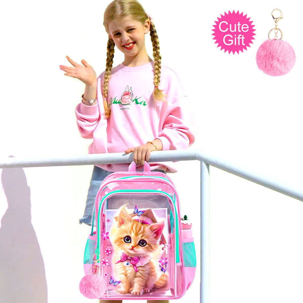 Mochila Transparente para Niña, Set de 3 Bookbags Claros, Bolso Escolar Transparente para Primaria y Preescolar - Doctor Gato Rosa 8